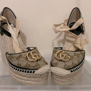 Gucci Beige Brown Monogram Espadrille Wedge Sandals with Gold GG